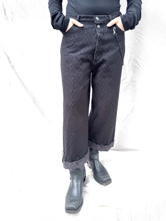FW25 ||CROPPED PINNED HEM GODDE JEANS ||EMBROIDERED SILK ON LINEN