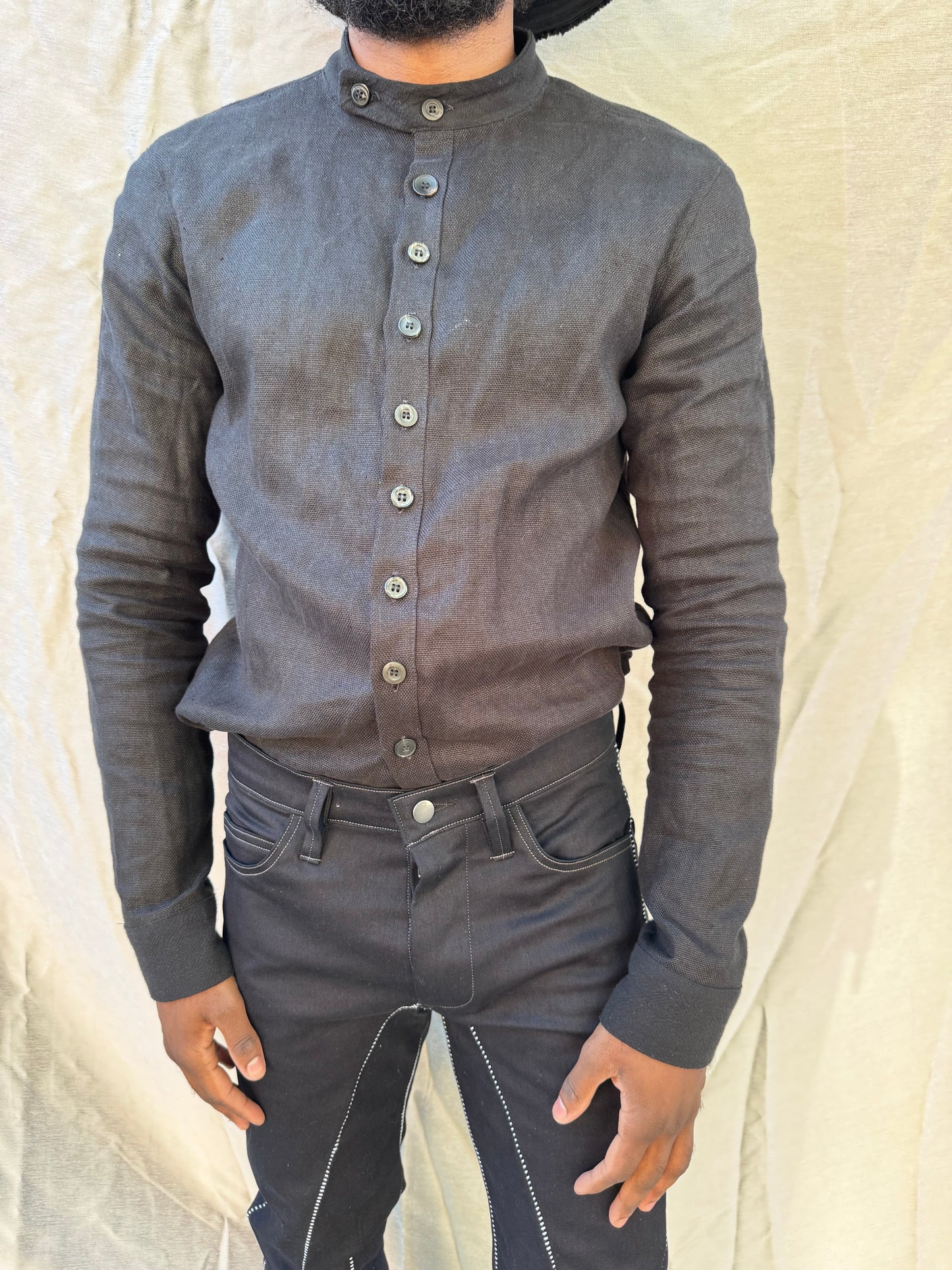 FW25 || FAULTED SHOULDER .5 CLASSIC SHIRT||  LINEN + COTTON || BLACK