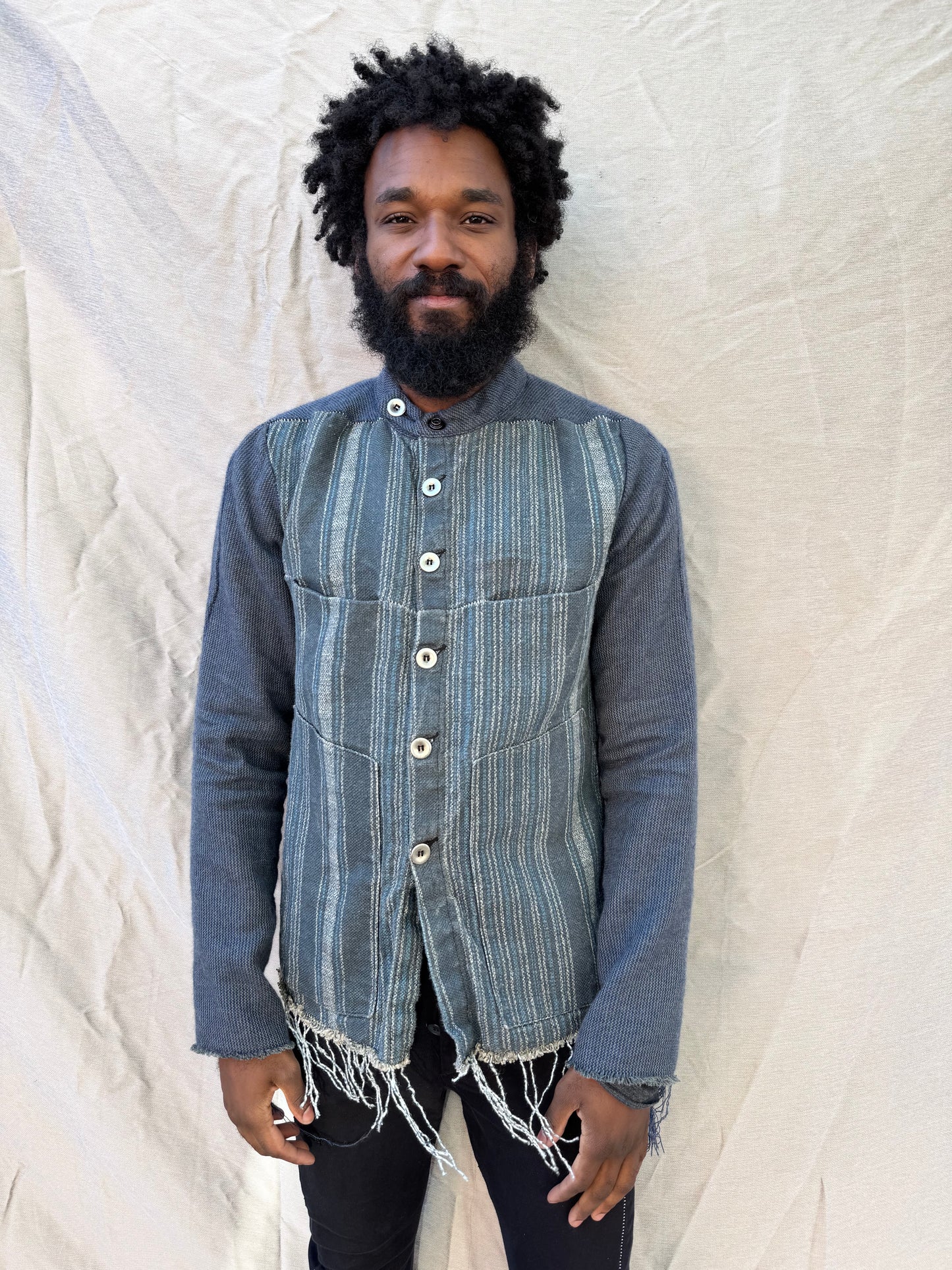 FW25 || FAULTED SHOULDER WORK SHIRT|| 100%  LINEN || LINEN + WOOL BLUE