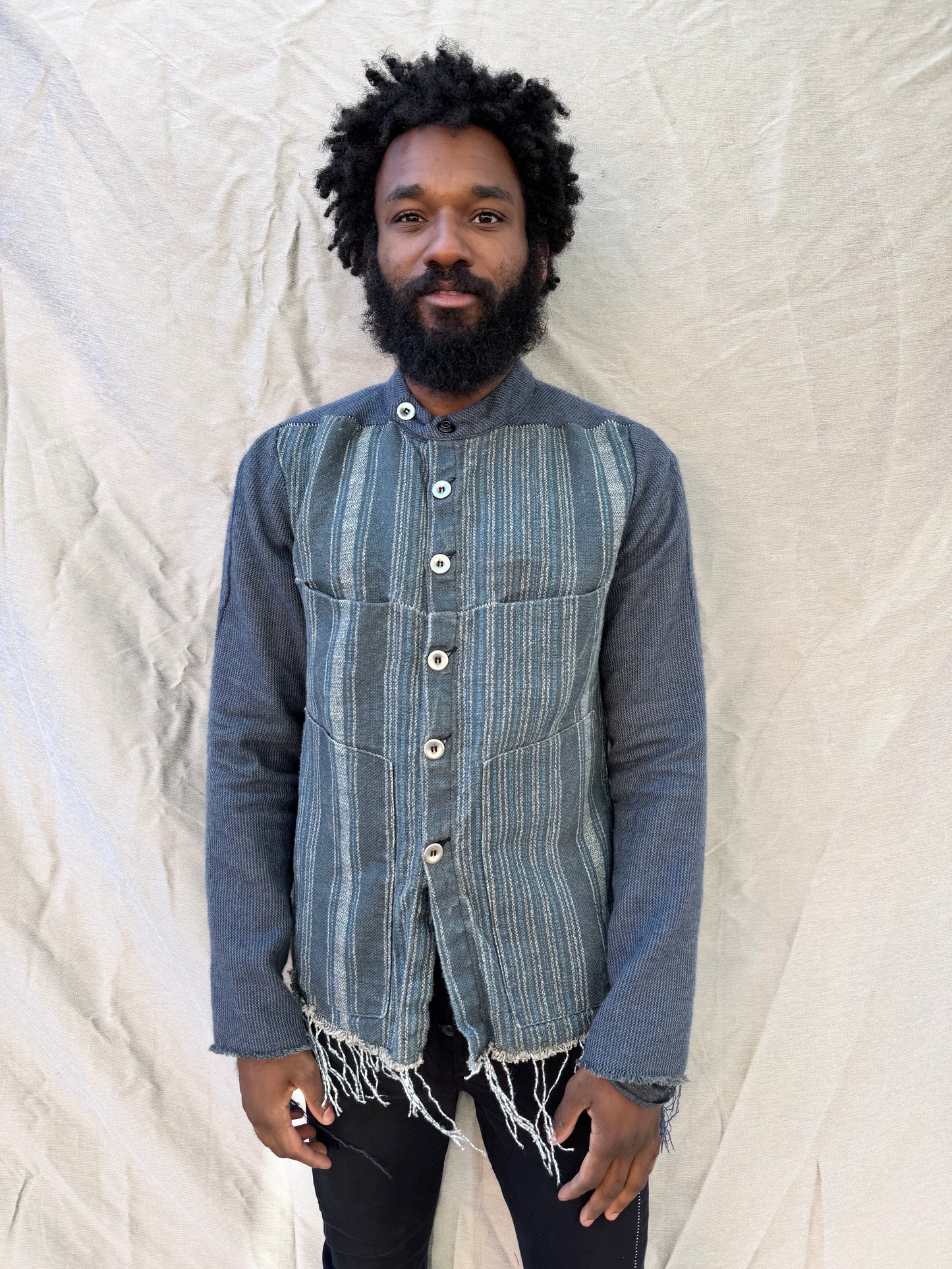 FW25 || FAULTED SHOULDER WORK SHIRT|| 100%  LINEN || LINEN + WOOL BLUE