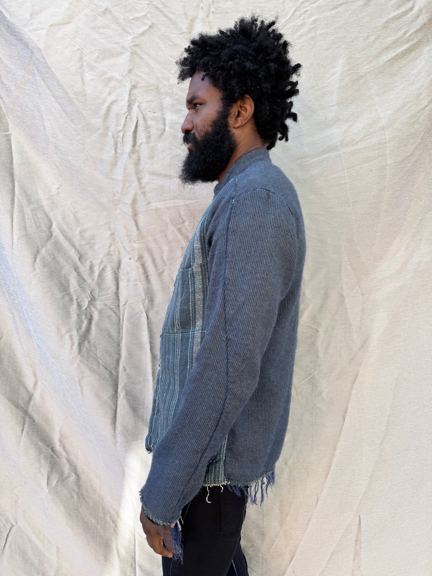 FW25 || FAULTED SHOULDER WORK SHIRT|| 100%  LINEN || LINEN + WOOL BLUE