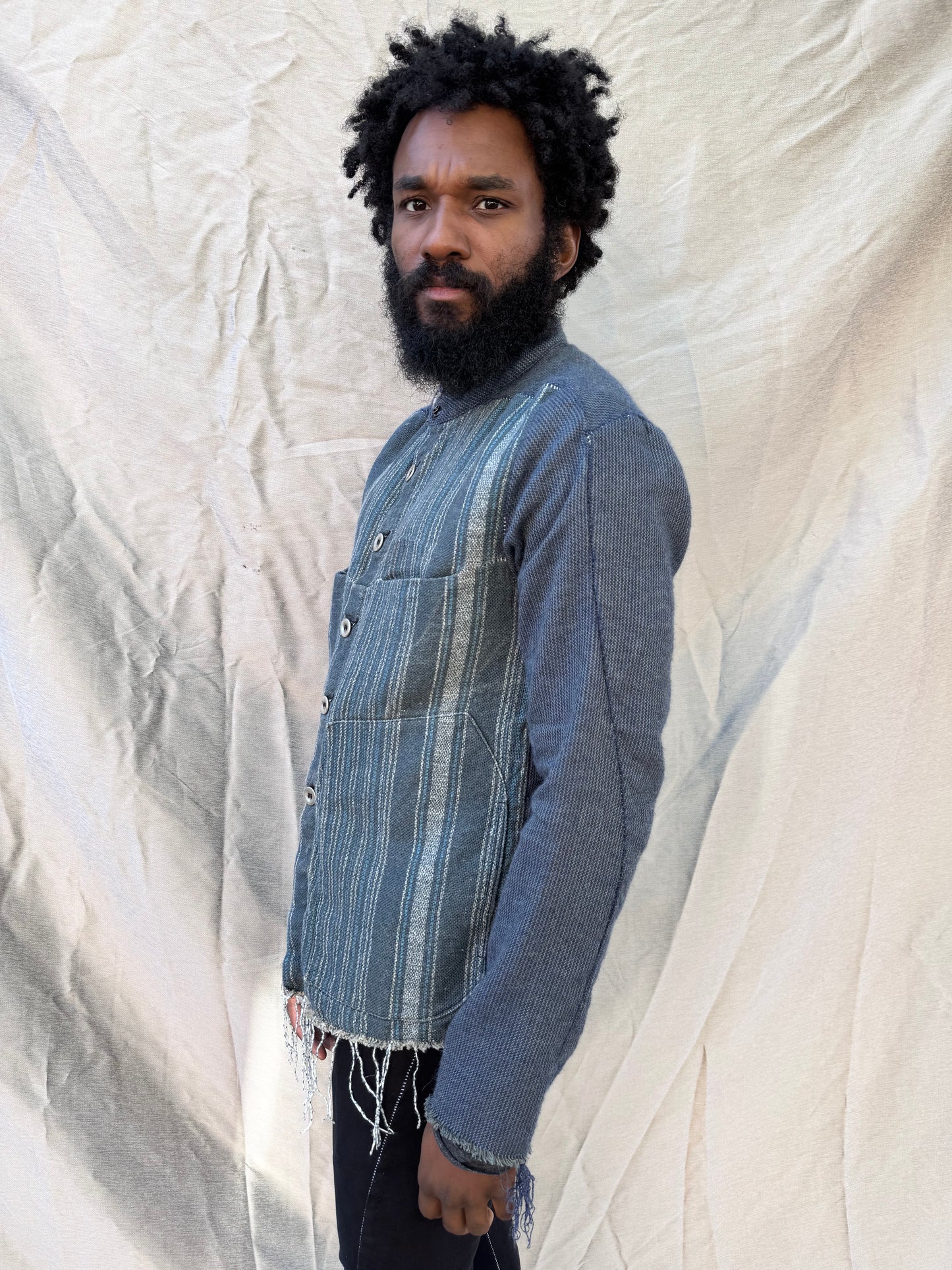 FW25 || FAULTED SHOULDER WORK SHIRT|| 100%  LINEN || LINEN + WOOL BLUE