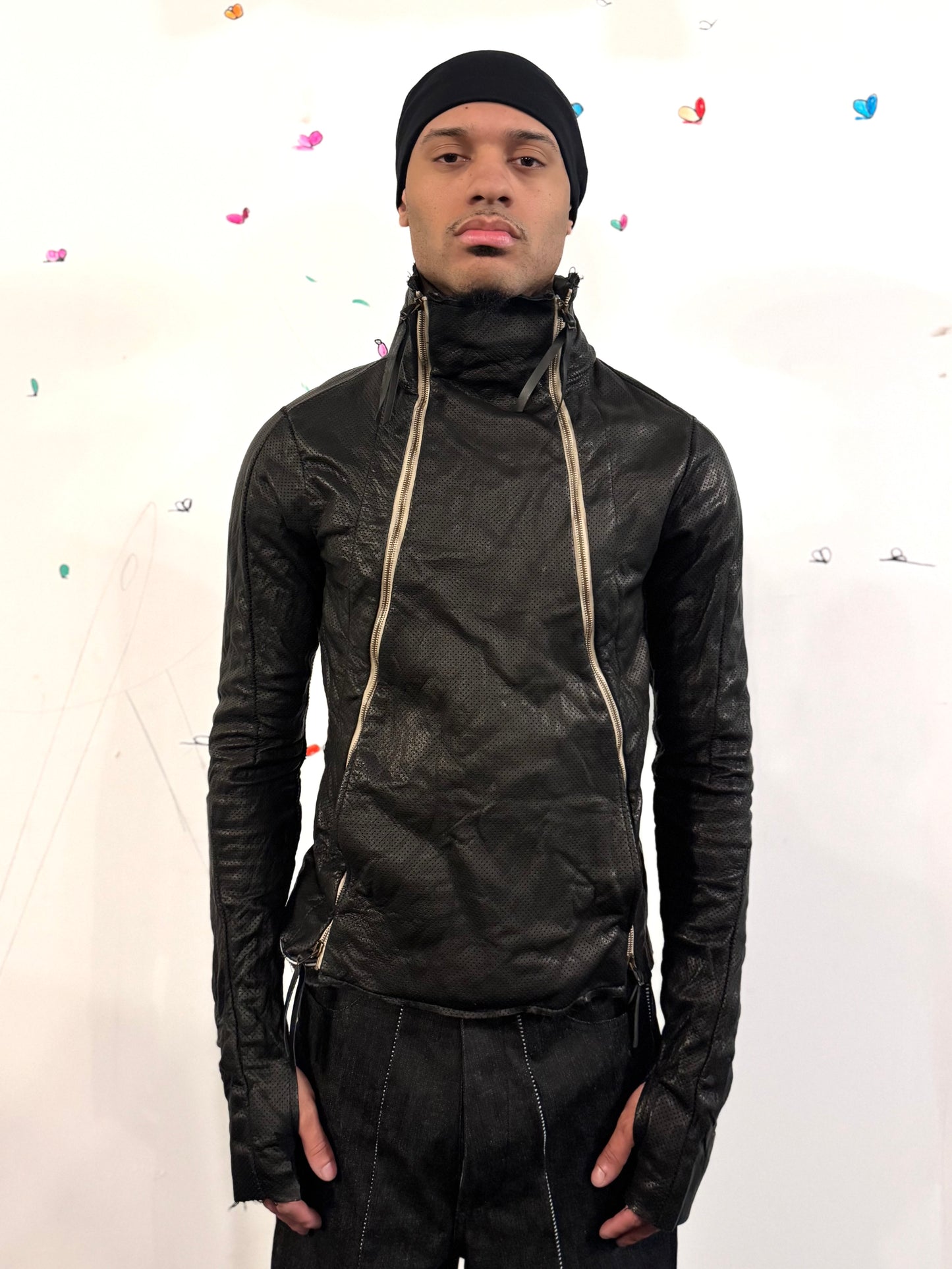 SS26 || PREFORATED TYPE III HIGH NECK JACKET|| CALFHIDE + COTTON