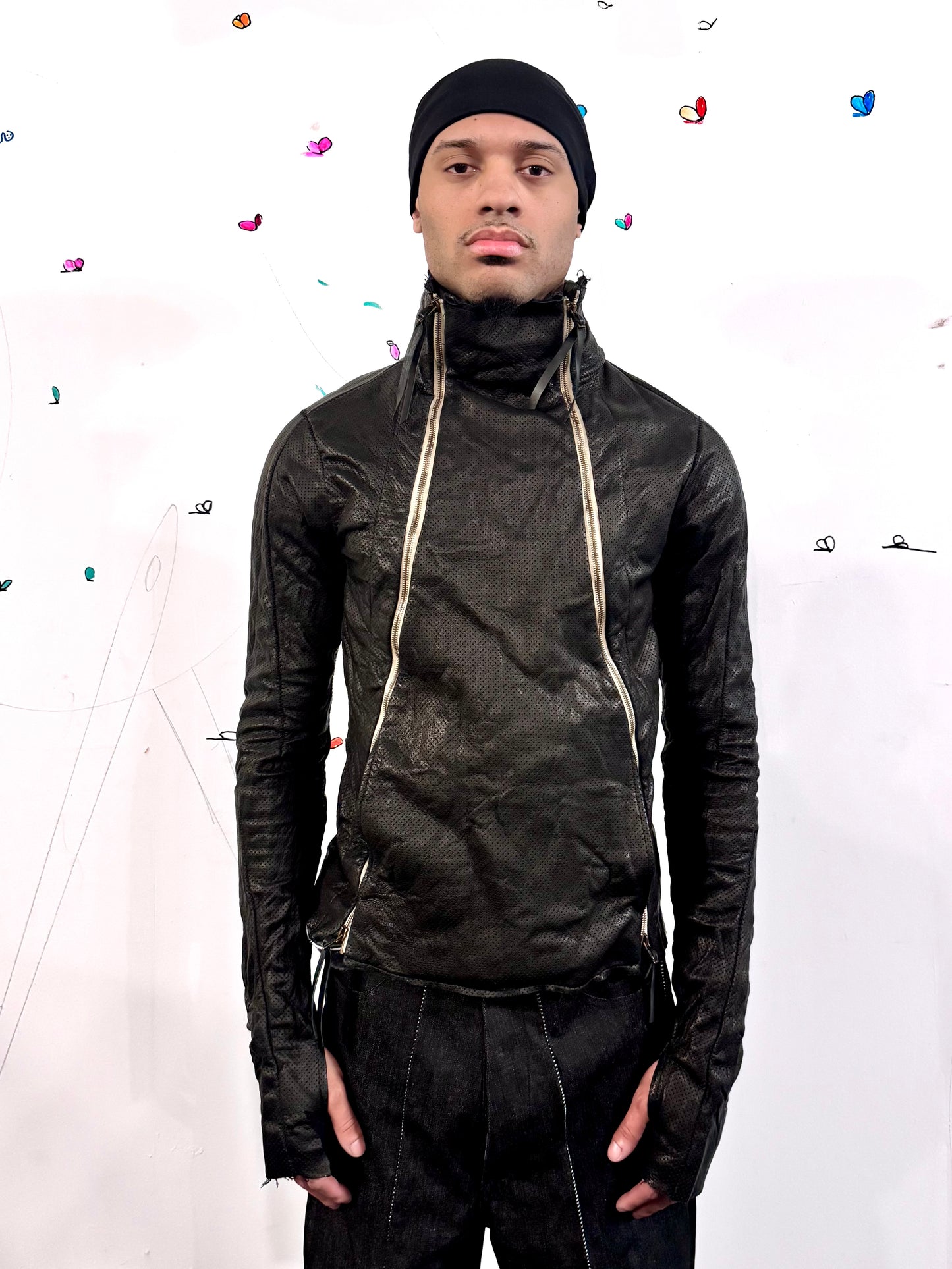 SS26 || PREFORATED TYPE III HIGH NECK JACKET|| CALFHIDE + COTTON