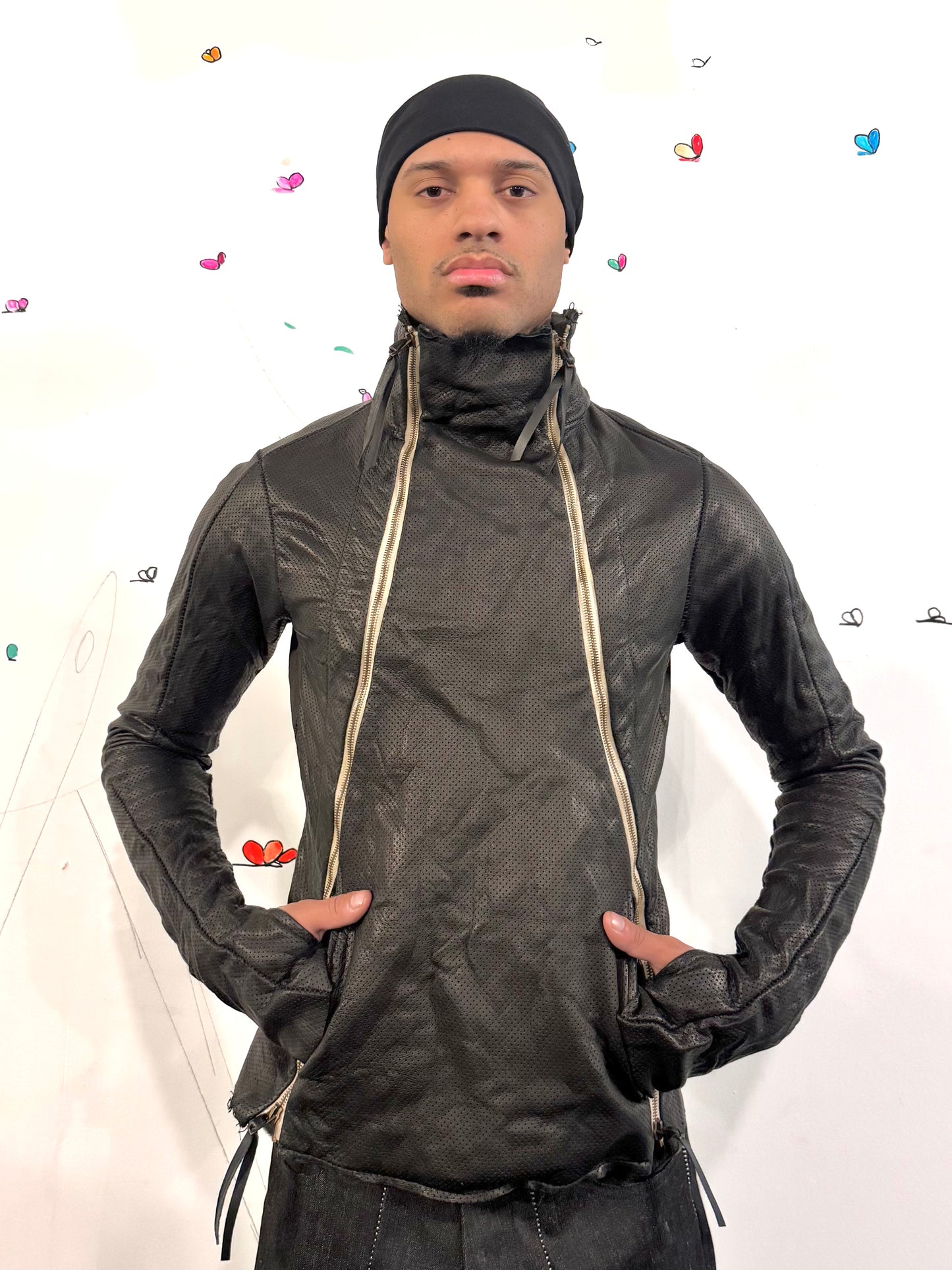 SS26 || PREFORATED TYPE III HIGH NECK JACKET|| CALFHIDE + COTTON