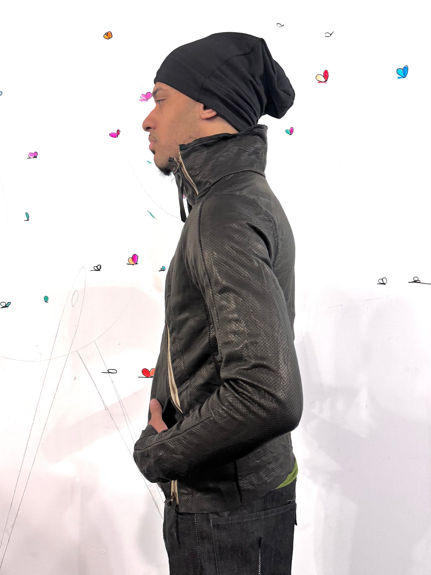 SS26 || PREFORATED TYPE III HIGH NECK JACKET|| CALFHIDE + COTTON