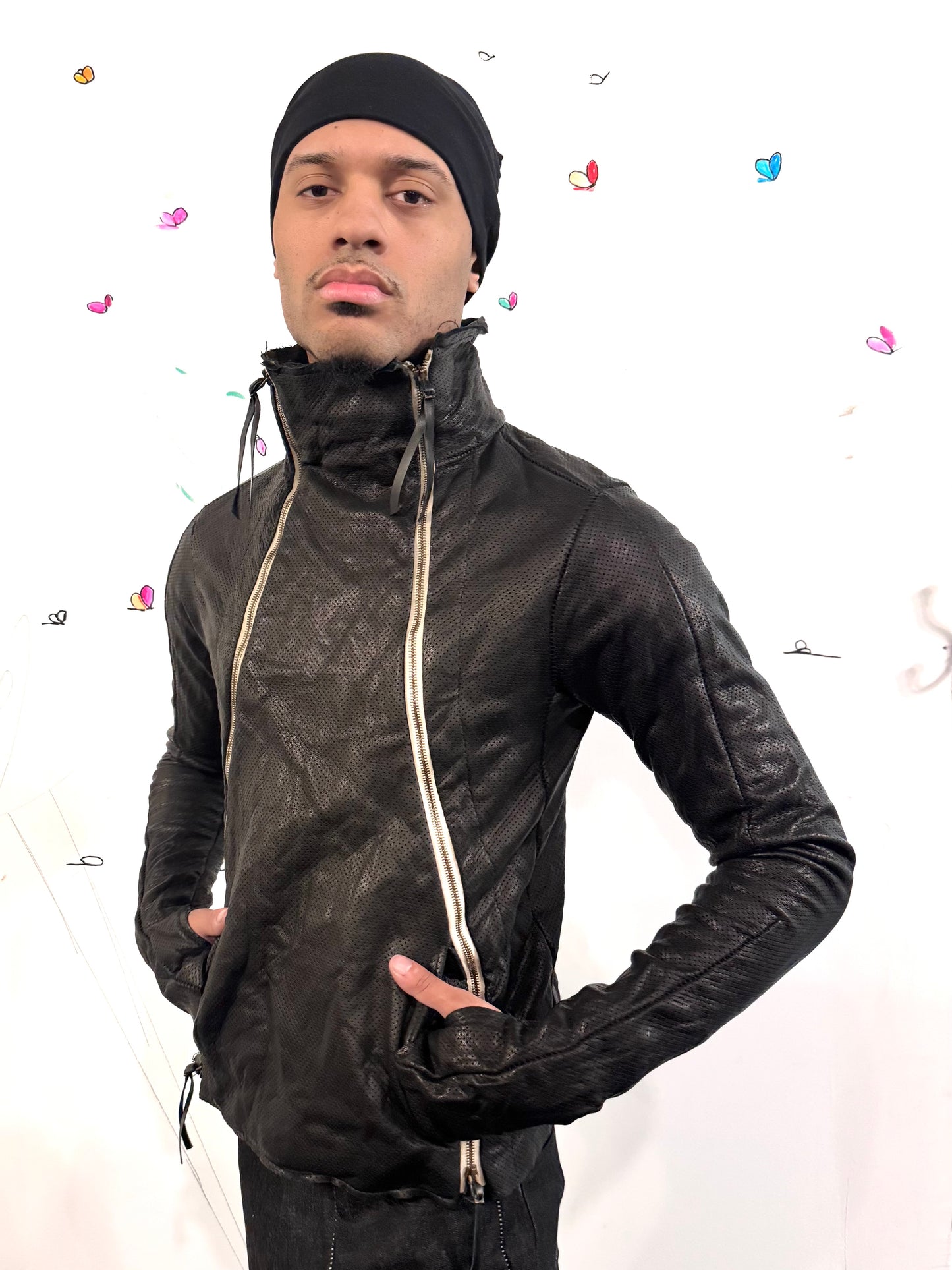 SS26 || PREFORATED TYPE III HIGH NECK JACKET|| CALFHIDE + COTTON