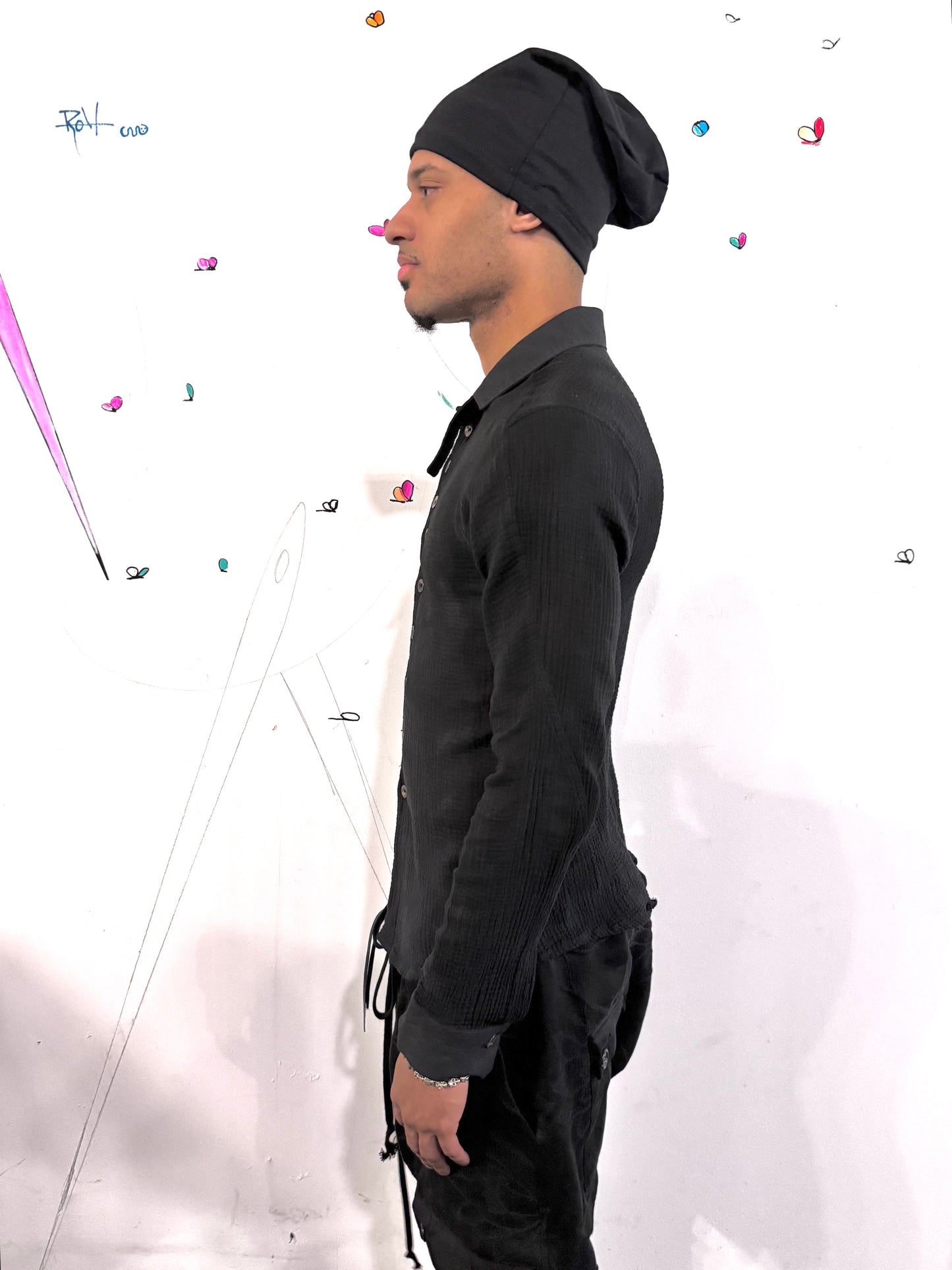 SS26 || FAULTED SHOULDER CRINKLED SHIRT || DOUBLE GAUZE COTTON BLK