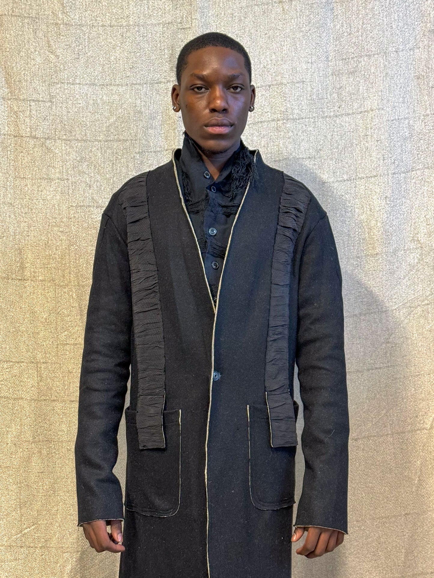 SS24 || RUCHED LAPEL PROTOLOGICAL ARCHETYPE CARDI-COAT || BLACK WOOL