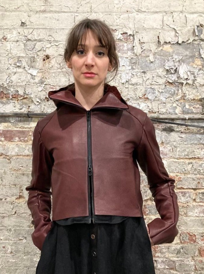 21.2 - LEATHER HENRIKSSON CROPPED HOODED JACKET ||MAROON||